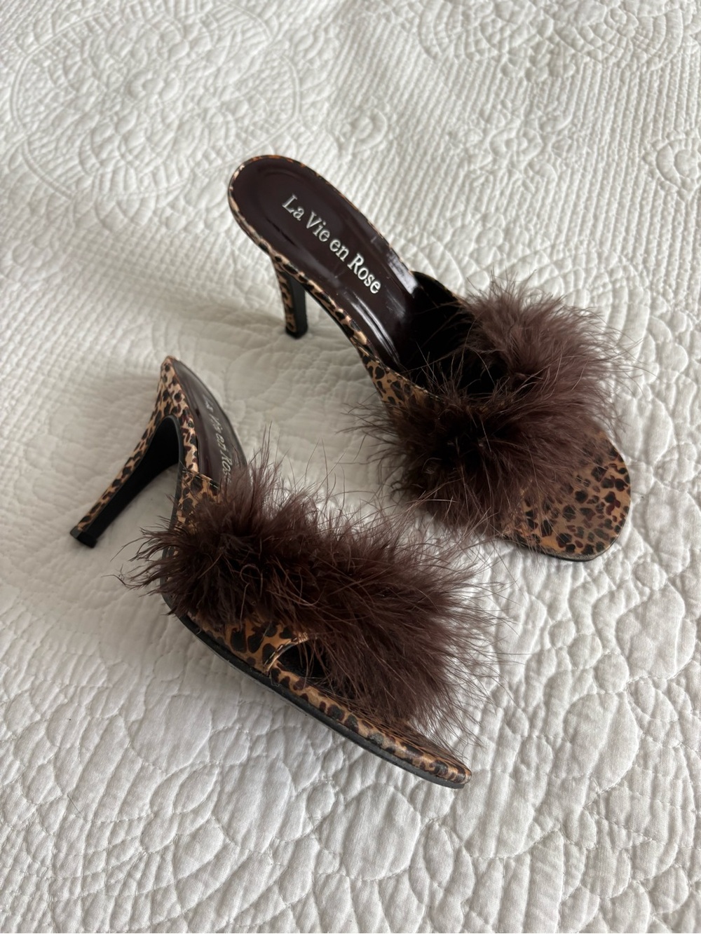 Vintage 90s Faux Fur Fluffy Heels Cheetah Leopard Print Kitten Heel Slippers